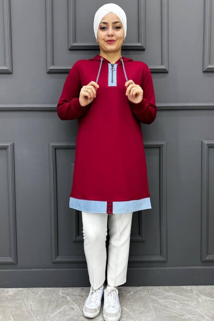 Kadın Kapüşonlu  Tesettür Tunik 251-BORDO