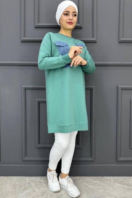 Kadın Kot Kombin Detaylı Tesettür Tunik 1-YEŞİL