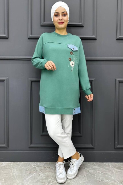 Kadın Baskı  Detaylı  Tesettür Tunik 245-YEŞİL
