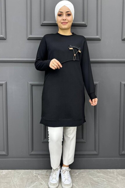 Kadın Cep Kapaklı Ve Bağcık  Detaylı Tesettür Tunik 302-SİYAH
