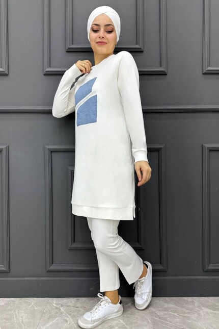Kadın Kombin Ve Taş Detaylı Tesettür Tunik 268-EKRU