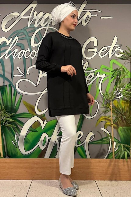 Kadın İnci Biye Detaylı Tesettür Tunik MDE24K00303-084-SİYAH