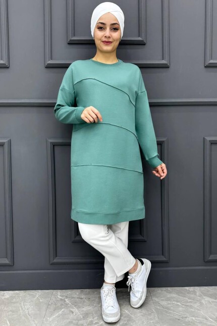 Kadın Nervür Dikim Detaylı Tesettür Tunik 64-YEŞİL
