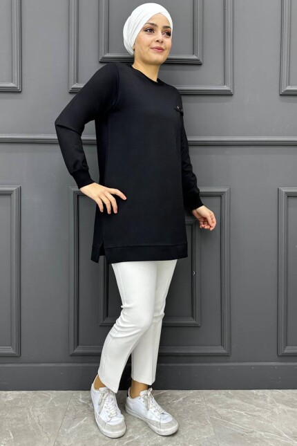 Kadın Nervür Dikim Düğme Detaylı Tesettür Tunik 281-SİYAH